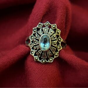 925 Sterling Silver Vintage Real Blue Topaz Marcasite Oxidized Ring Size 6
